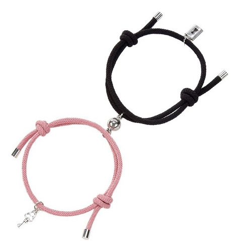 Kit 2 Brazaletes Magnéticos Pulsera Llave Y Candado Parejas Color Rosa Y Negro Diámetro 8 Cm