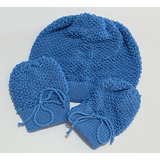 Kit Gorro E Luvas Azul Em Tricot Bebê