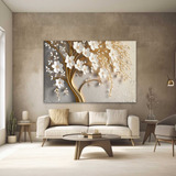 Quadro Dourado Floral Flores Branca   130x90 Decorativo Sala