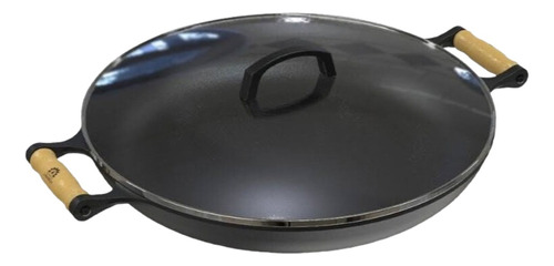 Panela Frigideira Paella De Ferro Fundido 40cm Com Tampa Cor Preto