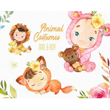 Clipart Niños Disfraz Animales Flores Acuarela 1