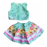 Conjunto Floral Verde Água Renda Infantil Cropped Saia Luxo