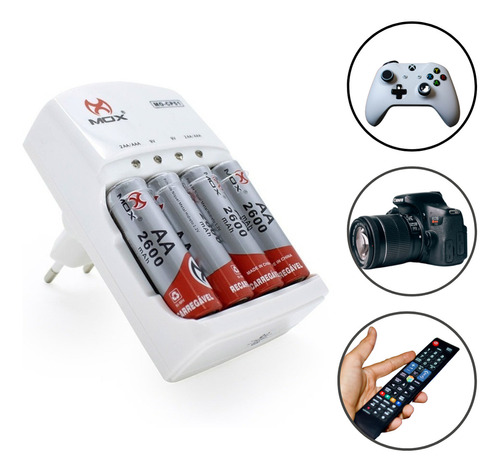 4 Pilhas Aa 2600mah Recarregável + Carregador Auto Stop Cp51 110v/220v