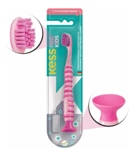 Escova Dental Kess Pro Kids Com Ventosa Rosa Cód.2067