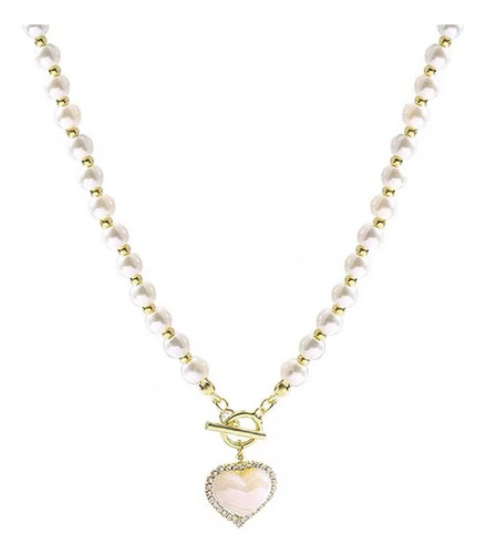 Collar Perlas Con Corazón Dorado + Cajita De Regalo