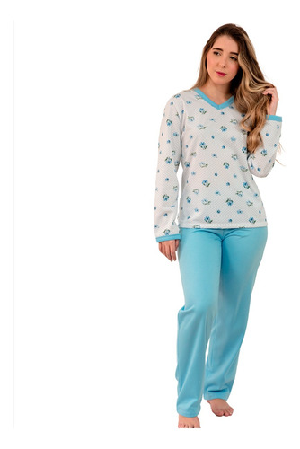 Pijama Feminino Longo De Inverno Flanelado Estampado Azul