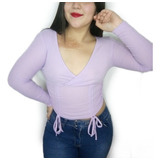 Crop Top Largo Tiras Ajustable Color Lila Morado Manga Larga