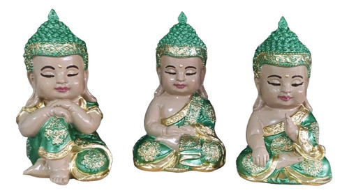 Trio De Budas Monges Sabedoria Meditação Verde Azul Perolado