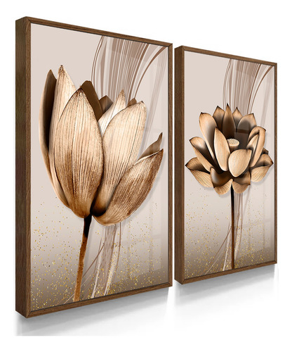 Dupla Quadros Decorativos Flores Ton Cobre Gold Sala Folhas