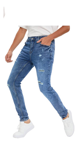Jeans Ajustado Slim Fit De Hombre Pitillo, Azul Nevado Roto
