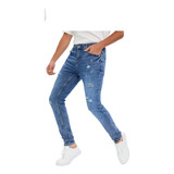 Jeans Ajustado Slim Fit De Hombre Pitillo, Azul Nevado Roto
