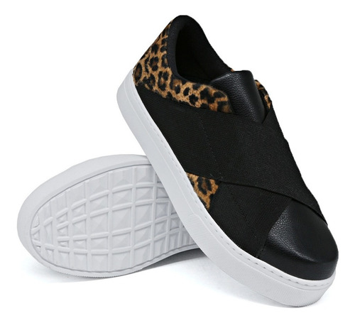 Slip On Feminino Dk Calçados Femininos Frente Preto Onça