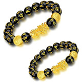 2 Piezas Pixiu Pi Yao Pulsera Obsidiana Negra Atrae Riqueza