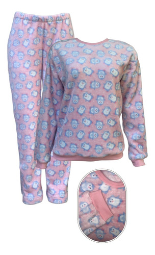 Pijama Feminino Longo Fleece Luxo Estampa Pinguim Peluciado