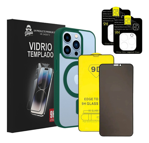 Kit Funda Micas Privacidad + 9d + Cámara Para iPhone Magsafe