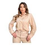 Camisa Social Casual Feminino Bordado Luxo Dorado 100% Linho