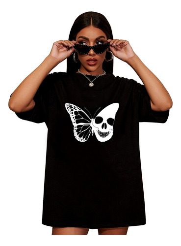 Butterfly Skull Camiseta Casual De Moda Para Mujer