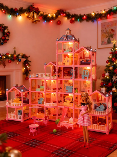 Casa De Muñecas Niña Rosa Con Tobogán De Luz Led Y Muñeca