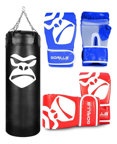 Saco De Pancada 100 Cm + Luva Pro Adulta + Infantil Gorilla Cor Azul/vermelho