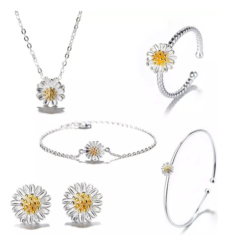 Conjunto De Joyas Plata Ley 925 Estilos Girasol Moda Mujer 