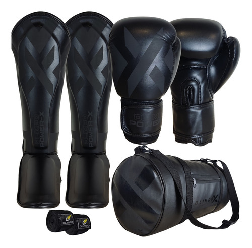 Kit Muay Thai  Luva - Caneleira - Bolsa  - Bandagem Olimpo