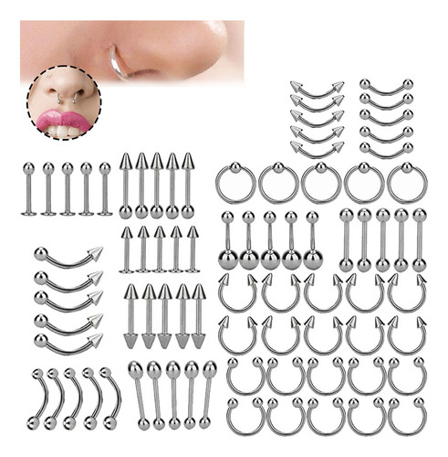 Acero Set De Moda 80 Piezas Piercing Labios Nariz Oreja Boca