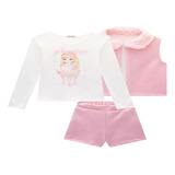 Infanti Conjunto Blusa Manga Longa Colete E Short Rosa