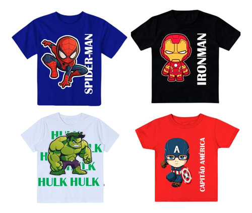 Kit 4 Camisa Infantil Estampa Herois Vingadores Roupa Menino