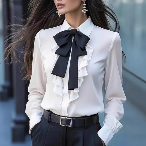Blusa De Manga Larga Con Volantes Y Pajarita For Mujer