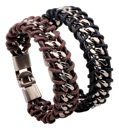 Brazalete Pulsera Hombre Cadena Acero  Cuero Genuino 