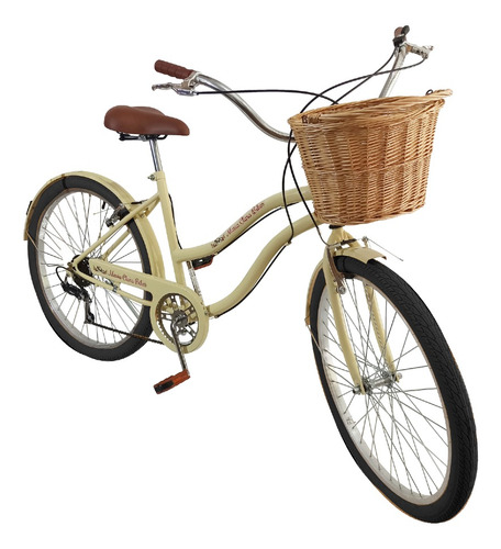 Bicicleta Aro 26 Retrô Vintage Com Cesta Vime 6v Bege
