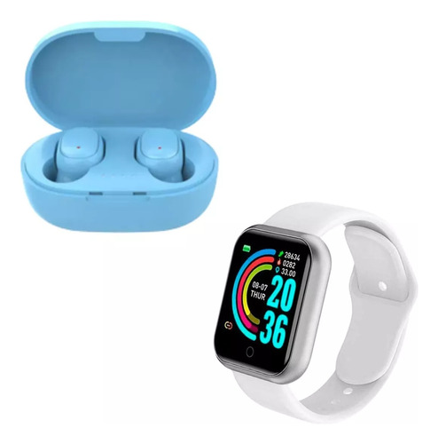 Combo Smartwatch D20 Y68 + Auricular Inalambrico A6s Celeste