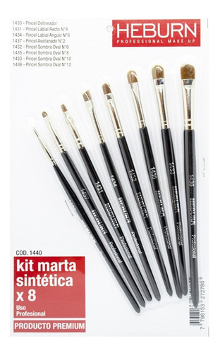 Kit Heburn Marta Sintética X8 Pincel Brochas Maquillaje 1440 Color Negro