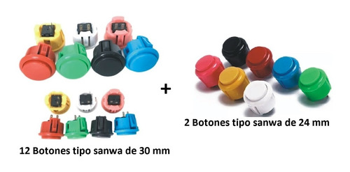 Kit De 12 Botones Arcade Tipo Sanwa 30 Mm + 2 Boton De 24 Mm