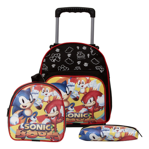 Bolsa Masculina Pre Escola Sonic Rodinha Resistente + Estojo