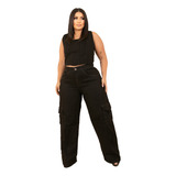 Calça Jeans Cargo Preta E Cropped Conjunto Jeans Plus Size