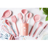 Set X10 Utensilios Silicona Rosa + Portautensilios 15*12cm Color Rosa Pálido