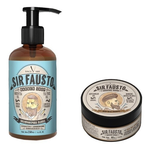 Set Barberia Sir Fausto  Shampoo Barba + Cera Fuerte 100