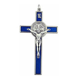 Cruz Pectoral San Benito Grande Con Esmalte De Color (azul