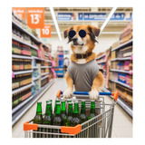 Vinilo 20x20cm Perro En Supermercado Comprando Cerveza M2