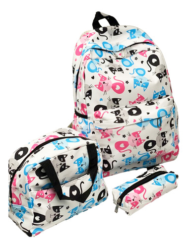 Mochila Kit 3pz Estuchera+lonchera Gatitos Michis Resistente Reforzada Escolar Urbano Casual Karen Gatos