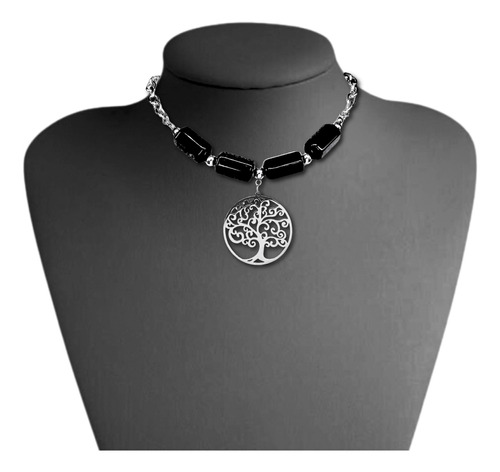 Collar Color Plata Dije Árbol De Vida Piedra Obsidiana Mujer