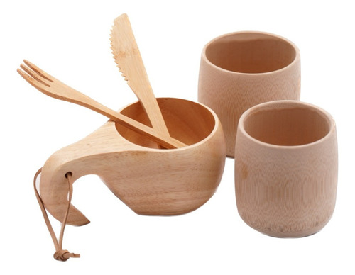 Set 5 Outdoor Camping Vaso Cuchillo Tenedor Bambú Cubiertos