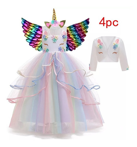 Vestido Arcoiris Princesa Unicornio Diadema, Alas Y Torerita