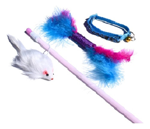 Kit Juguetes Gato Caña Ratón + Plumas + Collar Regulable