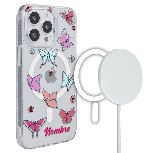 Funda Para iPhone Magsafe Personalizada Nombre Y Mariposas