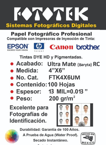 Papel Fotográfico Profesional 4x6 Ultra Mate (baryta) } Rc 