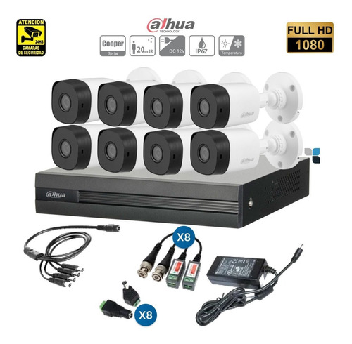 Kit Seguridad Dahua Dvr 8ch + 8 Camaras  Hd 1080p + 8 Baluns