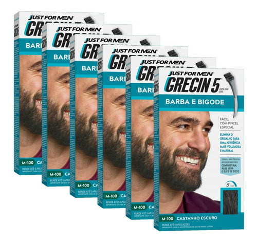 Kit 6 Tintura Grecin5 Gel Barba E Bigode 28g Castanho Escuro