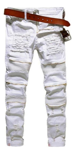 Pantalones De Moto For Hombre Con Agujeros Rotos, Cremaller